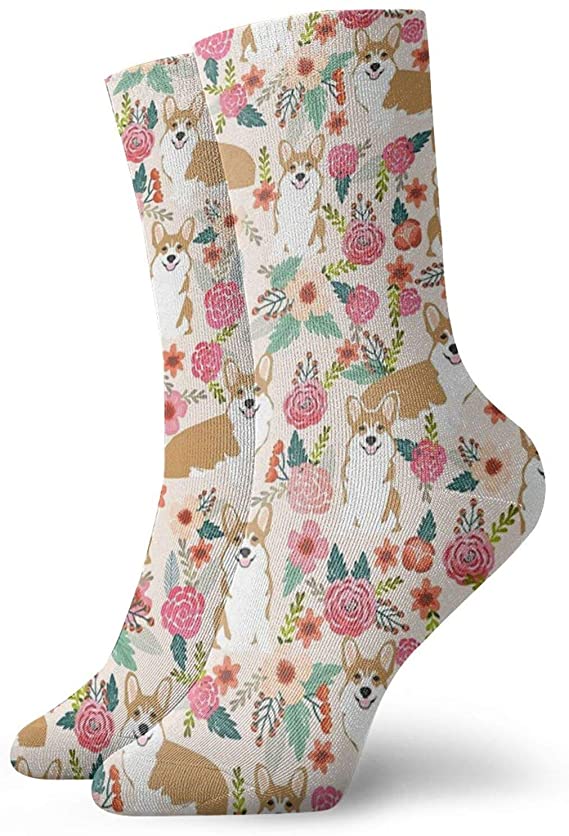 RIUARA Corgi Floral Flowers Spring Crew Athletic Socks 11.8inch Compression Socks for Adult Classic Ankle Socks