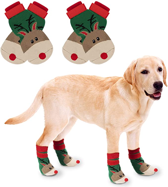 Rypet Christmas Dog Socks 2 Pairs - Non Slip Dog Grip Socks with with Adjustable Straps Traction Control for Hardwood Floor, Pet Paw Protector for Small Medium Large Dogs