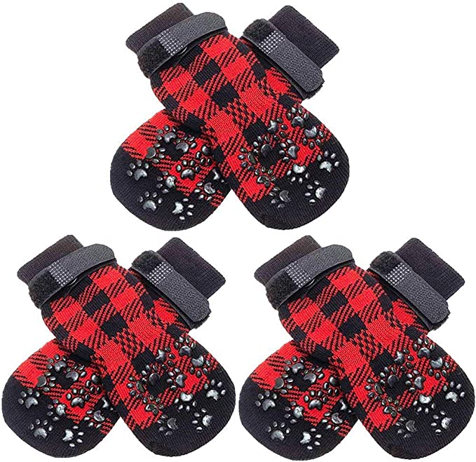 SCENEREAL Dog Socks Anti Slip with Straps Traction Control 3 Pairs Set - Plaid Paw Protector for Floor Indoor, Non-Skid Design for Small Medium Dogs Cats Puppy
