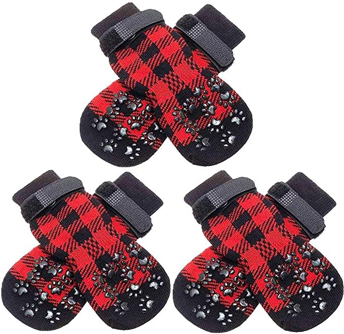 SCENEREAL Dog Socks Anti Slip with Straps Traction Control 3 Pairs Set - Plaid Paw Protector for Floor Indoor, Non-Skid Design for Small Medium Dogs Cats Puppy - Small