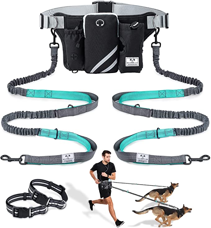SHINE HAI Retractable Hands Free Dog Leash with Dual Bungees for Dogs up to 150lbs - Black for 2 Dogs