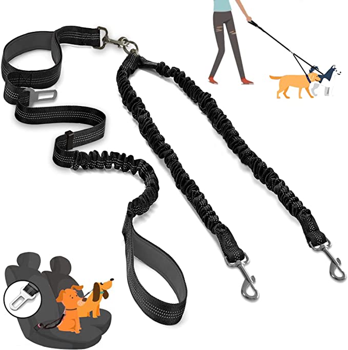 Sixbaola Dual Dog Leash, Double Leash for 2 Dogs Tangle Free Two Dogs Leash 360° Swivel No Tangle Bungee Reflective Double Leash for Medium Large Dogs Walking Training