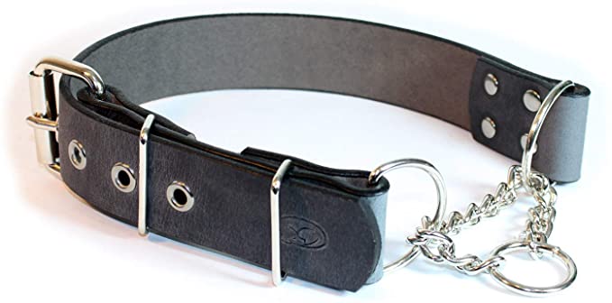 sleepy pup Big Dog Adjustable 1.5" Leather Martingale Chain, Limited Slip, Half-Check Chain, Training Dog Collar
