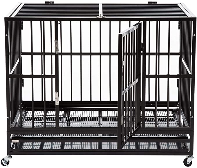 Sliverylake XXL 42" Dog Cage Crate Kennel - Heavy Duty Double Door Pet Cage w/Metal Tray Wheels Exercise Playpen (42"