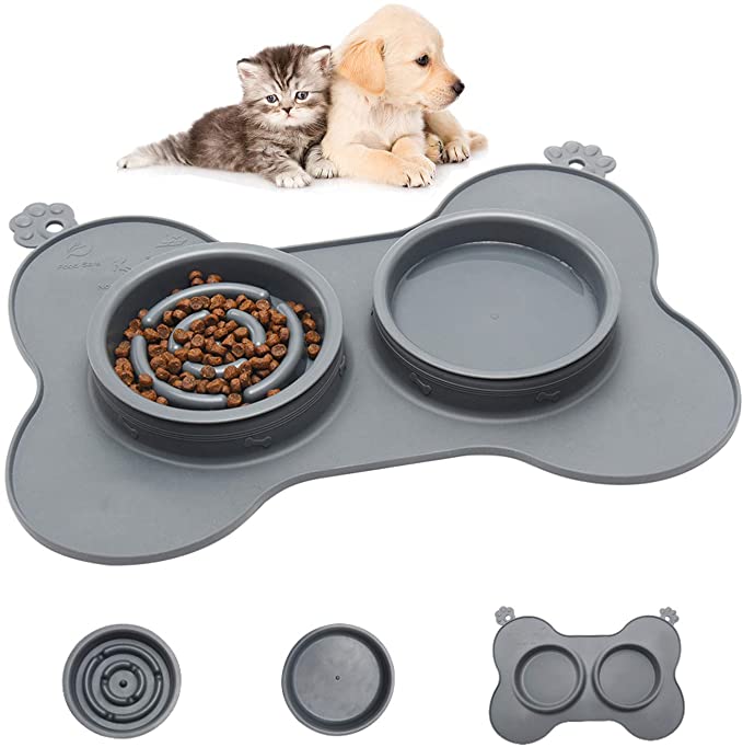 Slow Eating Dog Bowl, 3 in 1 Pet Slow Feeder and Water Bowl with Non-Spill Silicone Tray Bone Shape Non-Slip Mat