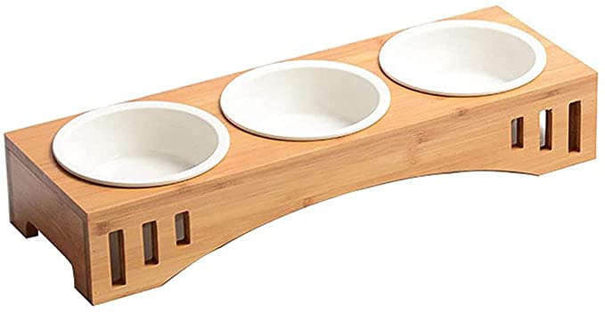Smith Chu Premium Elevated Pet Bowls, Raised Dog Cat Feeder Solid Bamboo Stand Ceramic Food Feeding Bowl Cats Puppy