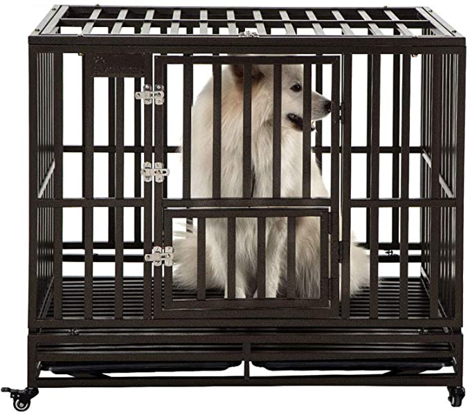 SMONTER Heavy Duty Dog Crate Strong Metal Pet Kennel Playpen with Two Prevent Escape Lock