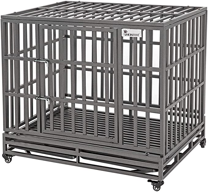 SMONTER Heavy Duty Dog Crate Strong Metal Pet Kennel Playpen with Two Prevent Escape Lock, Large Dogs Cage with Wheels - 2.1 Inches