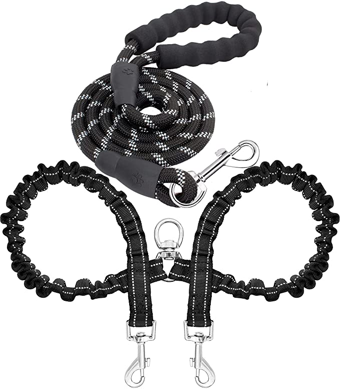 SONQUEEN Dual Dog Leash, Double Dog Leash, 360 Swivel No Tangle Double Dog Walking Training Leash, Comfortable Shock Absorbing Reflective Bungee for Two Medium Large Dogs