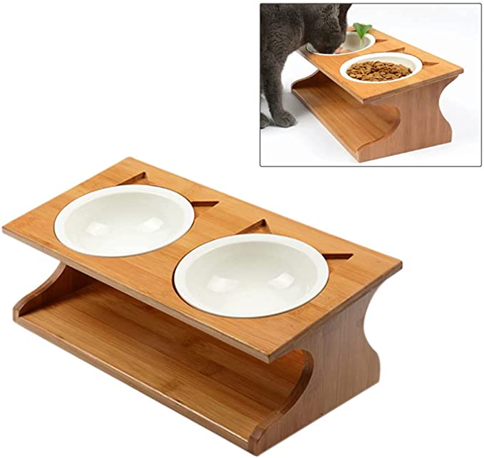 STOBOK Dog Bowl Non- Skid Anti- Corrosion Wood Bamboo Base Food Bowl Water Bowl Food Feeder Container for Cat Dog Pet Dual