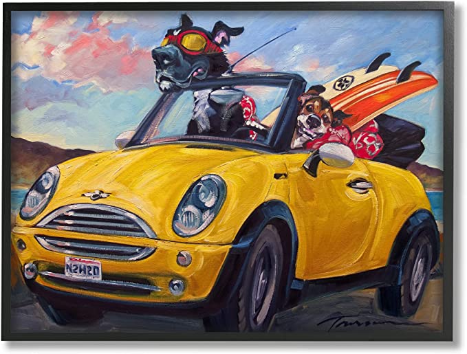 Stupell Industries Pet Dogs Yellow Convertible Surfboard Beach Car Black Framed Wall Art