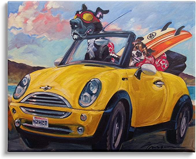 Stupell Industries Pet Dogs Yellow Convertible Surfboard Beach Car Canvas Wall Art