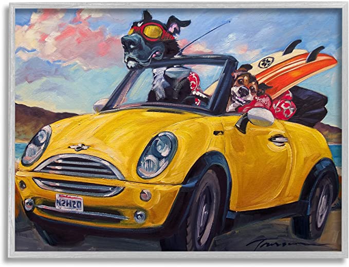 Stupell Industries Pet Dogs Yellow Convertible Surfboard Beach Car Grey Framed Wall Art