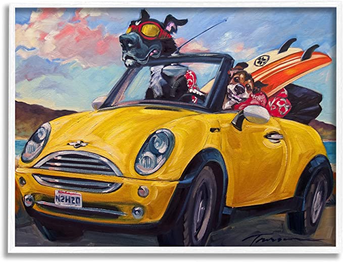 Stupell Industries Pet Dogs Yellow Convertible Surfboard Beach Car White Framed Wall Art, 14 x 11