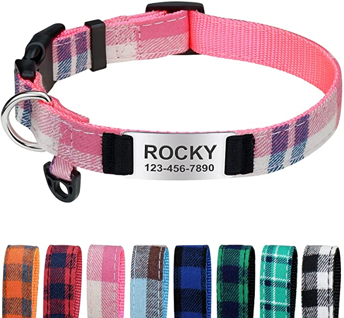TagME Personalized Dog Collar with Engraved Slide on ID Tags, Custom Plaid Dog Collars with Quick Release Buckle for Small/Medium/Large Dogs
