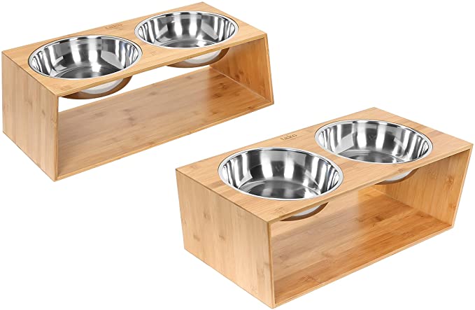 TAKO Pets by Concord 7" Deluxe Elevated XL Bamboo Dog and Cat Pet Feeder. Includes 2 Stands and 4 Stainless Steel Bowls. 2 Pack