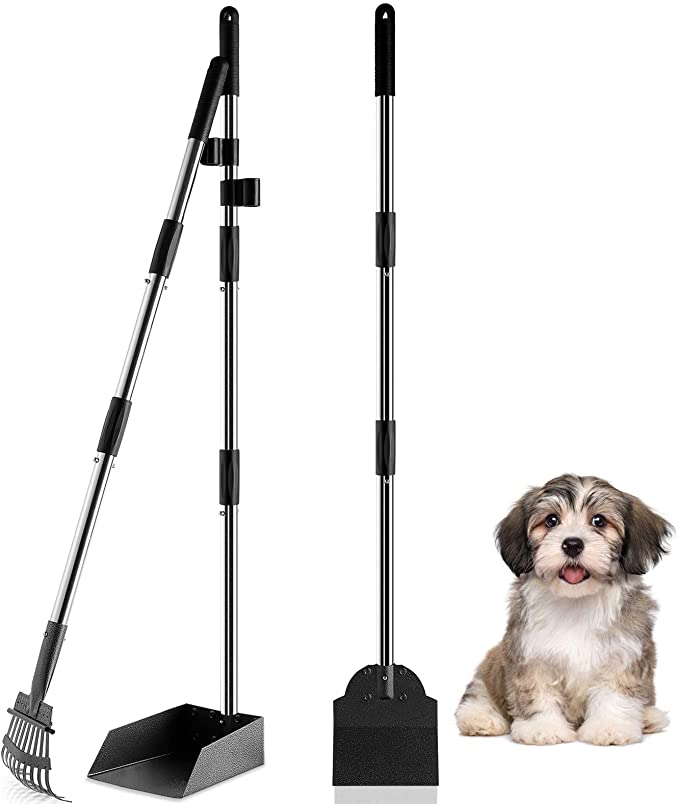 Toozey Dog Pooper Scooper, Upgraded Adjustable Long Handle Metal Pooper Scooper for Dogs, Pet Poop Scooper Set with Tray, Rake and Spade, Suit for Small Medium Large Dogs Waste Removal, Gravel, Grass