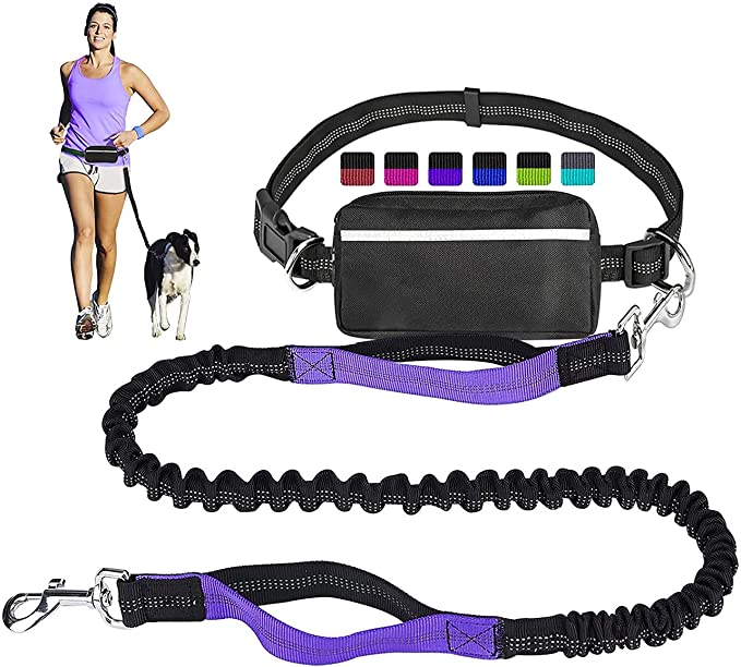Traction Rope Hands Free Dog Leash Hands Free Dog Leash Reflective Hands Free Dog Leash Poop Bag Dispenser Pouch - Purple
