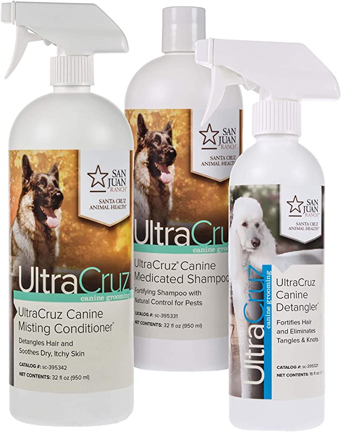 UltraCruz Canine Medicated Dog Shampoo & Misting Conditioner Bundle, 32 oz Each with 16 oz Detangler