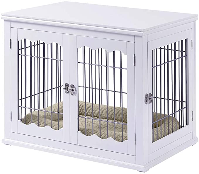 unipaws Furniture Style Dog Crate End Table with Cushion, Wooden Wire Pet Kennels with Double Doors