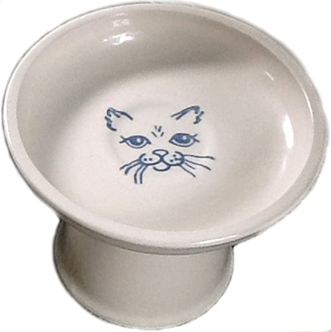 Unique Polish Pottery Raised Stoneware Cat Wet Food Dish - Cat1 Blue Cat Face on Cream