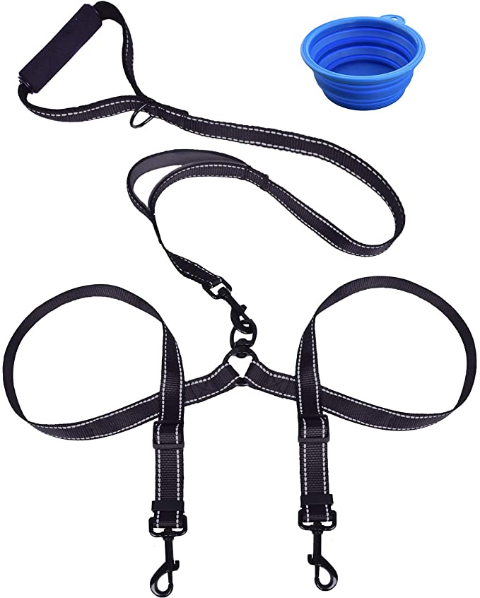 U-pick Adjustable Double Dog Leash, Dual Handles Pet Leash- 360° No Tangle Splitter Swivel Coupler, Reflective Stitching Two Puppy Leads for 2 Dogs (4.7Ft- 5.7Ft Adjustable Length, Dog Bowl Include)