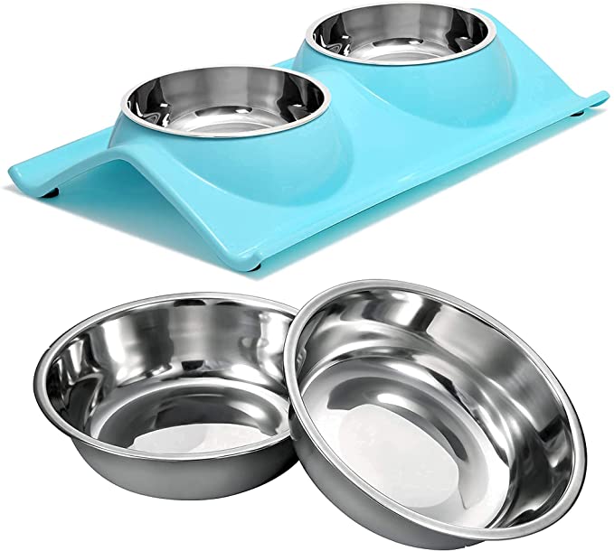 UPSKY Double Dog Cat Bowls with One Set Replacement Stainless Steel Dog Cat Bowl, Pet Feeding Station for Puppy and Cats,12oz