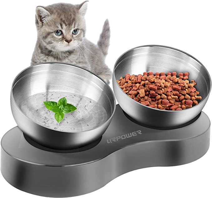 URPOWER Elevated Dog Cat Bowls 20°Tilted Raised Cat Food Bowls with 2 Stainless Steel 20oz Dog Bowls Stress Free Advanced Food Grade Material with Anti Slip Stand Feeding Bowls for Cats, Dogs and Pets