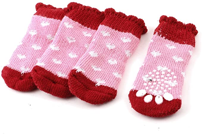 uxcell 2-Pair Heart Paw Flower Rim Elastic Pet Socks, Pink/Red
