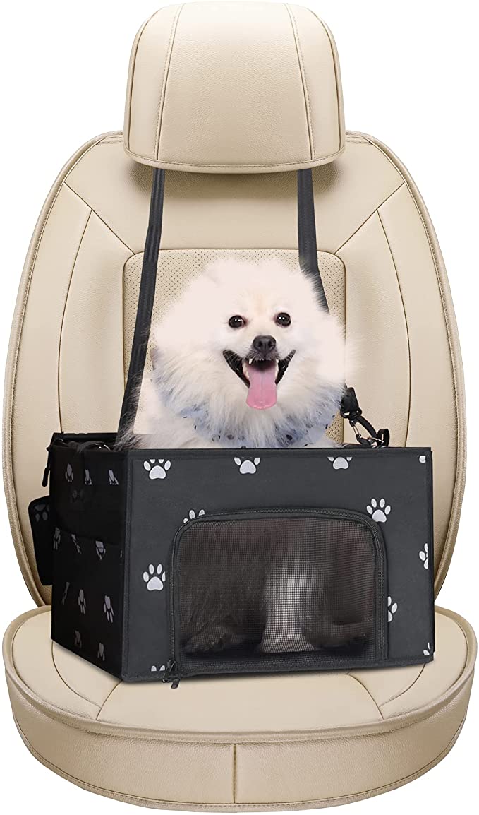 valigo Dog Car Seat, Small Pet Foldable Car Booster Seats with Sturdy PVC Bars Frame Portable Puppy Travel Carrier Cage Perfect for Other Pets Under 20 lbs, Black