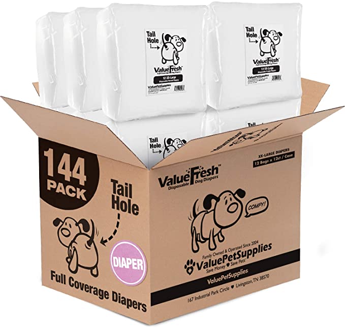 ValueFresh Disposable Diapers for Female Dogs, 144 Count - Full Coverage w/Tail Hole, Snag-Free Fasteners, Leak Protection, Wetness Indicator