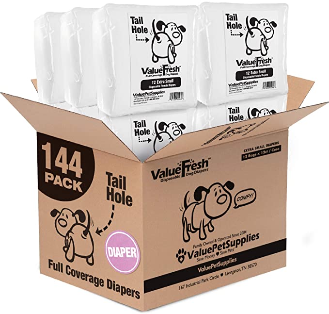 ValueFresh Disposable Diapers for Female Dogs, 144 Count - Full Coverage w/Tail Hole