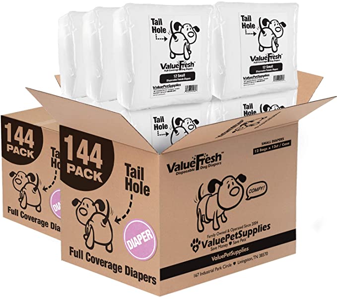 ValueFresh Disposable Diapers for Female Dogs, 288 Count - Full Coverage w/Tail Hole, Snag-Free Fasteners, Leak Protection, Wetness Indicator