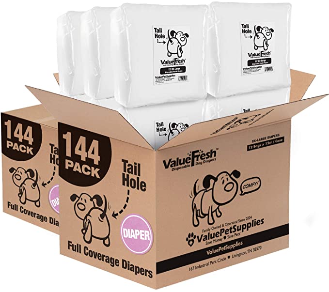 ValueFresh Disposable Diapers for Female Dogs, 288 Count - Full Coverage w/Tail Hole