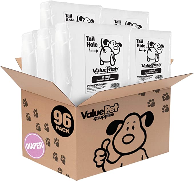 ValueFresh Disposable Diapers for Female Dogs, 96 Count - Full Coverage w/Tail Hole