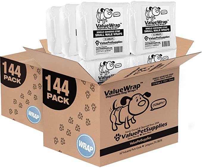 ValueWrap Disposable Male Dog Diapers, 1-Tab, 288 Count - Male Wraps, Incontinence, Snag-Free Fastener, Leak Protection, Wetness Indicator