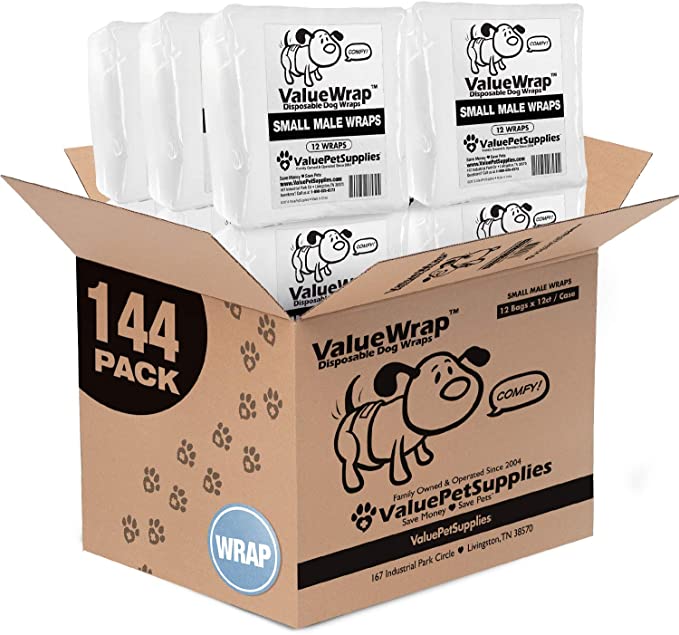 ValueWrap Disposable Male Dog Diapers, 2-Tabs, 144 Count - Male Wraps, Snag-Free Fastener, Leak Protection, Wetness Indicator
