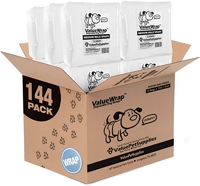 ValueWrap Disposable Male Dog Diapers, 2-Tabs, 144 Count - Male Wraps, Snag-Free Fastener - Medium
