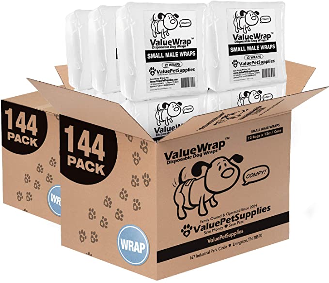 ValueWrap Disposable Male Dog Diapers, 2-Tabs, 288 Count - Male Wraps, Snag-Free Fastener, Leak Protection, Wetness Indicator