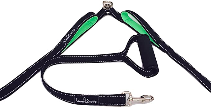 Vaun Duffy Double Dog Leash Coupler with Two Dual Padded Handles - No Tangle Large Splitter Swivel, Reflective Stitching, 1 Inch Wide and Adjustable 18-24 Inch - 2 Ft Detachable Traffic Lead for Dogs