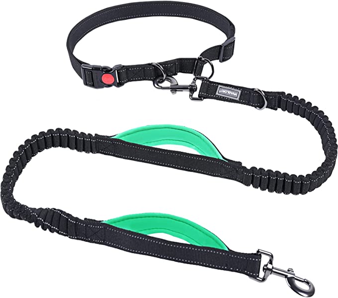 VIVAGLORY Hands Free Dog Leash with Dual Wavelength Bungees for Medium Large Dogs, Dog Running Leash with Reflective Handle for Training Walking, Black/Red, S