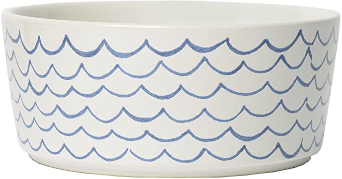 Waggo Sketched Wave Ceramic Dog Bowl Blue/White Durable Dog Food and Water Pet Dish