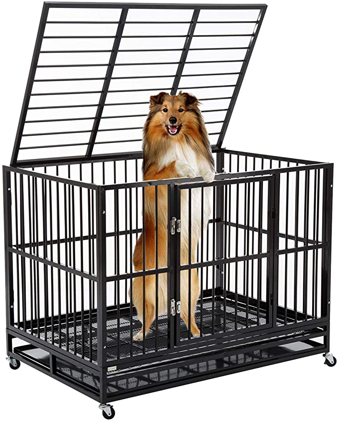 WALCUT Heavy Duty Dog Cage Rolling Metal Pet Crate Folding Kennel with Double Door Playpen Wheels & Tray