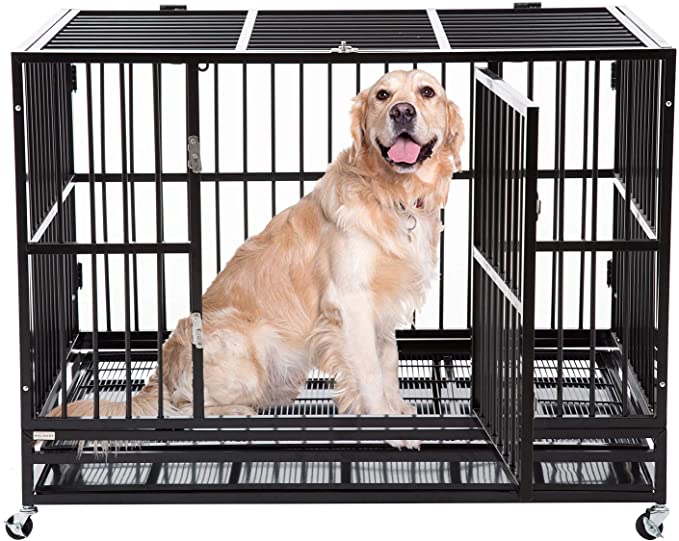 walnest Dog Crate Large Heavy Duty Dog Cage Kennel Double Door Pet Cage w/Metal Tray Wheels Exercise Playpen