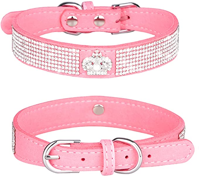 WDPAWS Rhinestones Dog Cat Collar Bling Diamond with Rhinestone Crown Decoration for Small Medium Large Dogs (Pink, S)