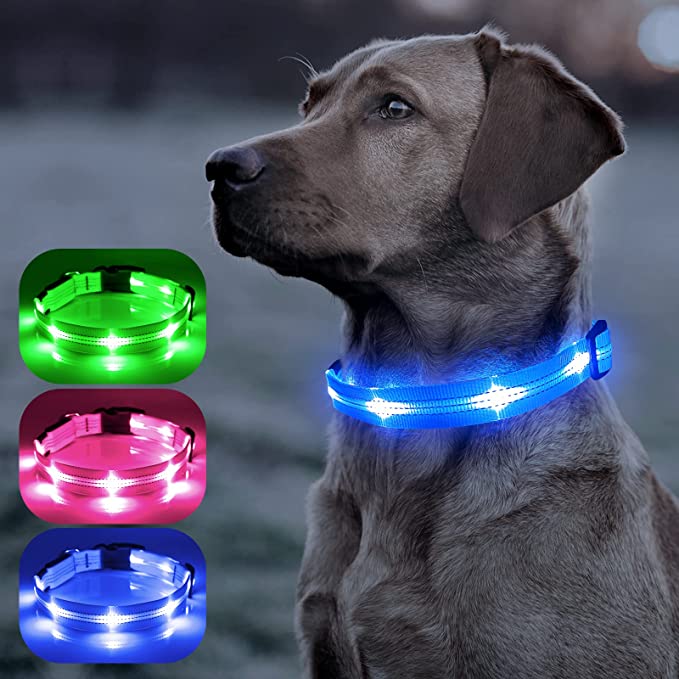 Weesiber LED Dog Collar Light - USB Rechargeable LED Puppy Collar, Nylon Reflective Light Up Dog Collars Glowing Safety Lights for Small Medium Large Dogs