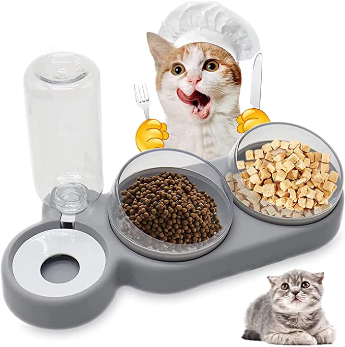 WELLXUNK Double Raised Cat and Dog Bowl, 3 in 1 Automatic Water and Pet Food Dispensers