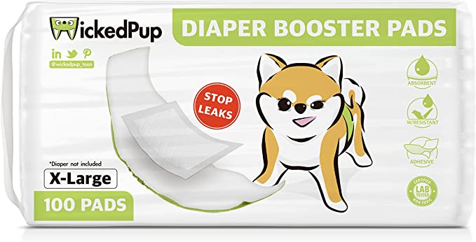 WICKEDPUP Dog Diaper Liners Booster Pads for Male and Female Dogs, 100ct | Disposable Doggie Diaper Inserts fit Most Reusable Pet Belly Bands, Cover Wraps, and Washable Period Panties