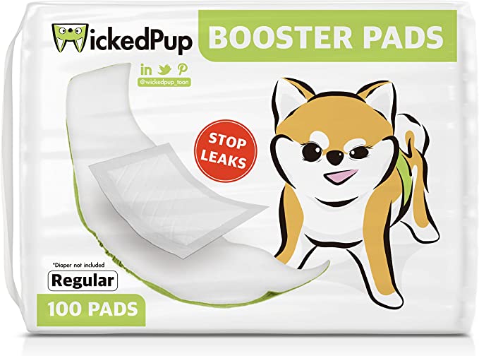 WICKEDPUP Dog Diaper Liners Booster Pads for Male and Female Dogs, 100ct | Disposable Doggie Diaper Inserts fit Most Reusable Pet Belly Bands, Cover Wraps, and Washable Period Panties