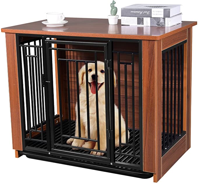 Wooden Decorative Dog Crate Furniture Table Wire Door with Lock Small Animal House with Removable Bottom Puppy Crate
